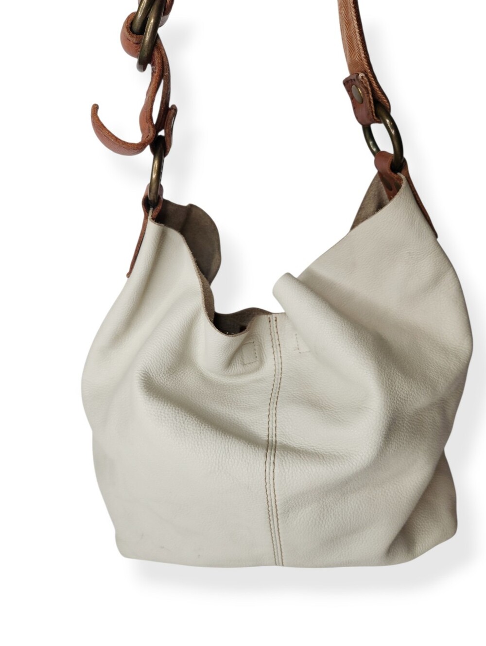 Vintage Lucky Brand Off White Leather Hobo Bag with Brown Leather Strap